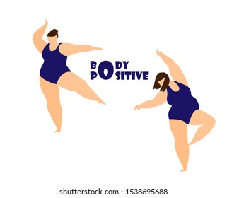 Love your body concept.Dancing  elegant plus size women in swimsuits. Body positive. Flat vector illustration. 