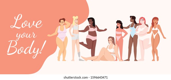 Love your body flat poster vector template. Women dressed in swimsuits cartoon characters on white and orange. Smiling ladies. Banner, brochure page, leaflet design layout with place for text