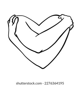 Love your body. Hug yourself heart hand drawn sketch line art vector illustration.