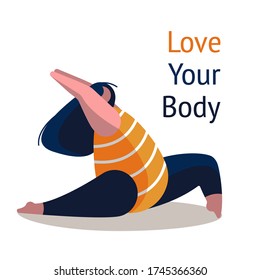 love your body. illustration with a woman who practices yoga. body positive