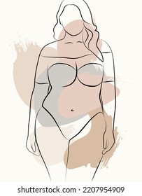 Ama tu cuerpo. El logo de una silueta lineal de una figura femenina. Para el diseño de redes sociales, historias en tiendas, matices de desnudos.