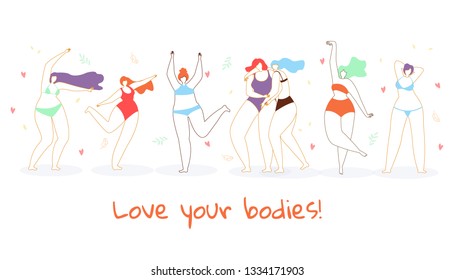 Love Your Body. Multiracial Women Characters of Different Height, Figure Type, Size Dressed in Swimsuits Standing in Row. Body Positive Movement and Beauty Diversity. Cartoon Flat Vector Illustration.