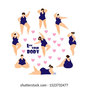 Love your body and body positive concept. Plus size women in different poses in swimsuits. Dancing, sitting, reading, observing, meditating. Vector illustration.