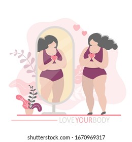  Ama tu cuerpo. Mujer gorda positiva mirando en el espejo. Feliz personaje femenino con sobrepeso aguantando el corazón. Chica en ropa interior. Ilustración vectorial de estilo moderno