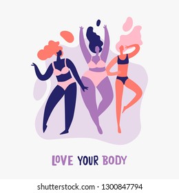 Love your body - body positive. Happy Women of different  figure type in lingerie.  Beauty diversity of different women in the flat style illustration