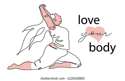 Love Your Body, Body Positive Vector Poster, Banner, Background. Plus Size, Chubby, Plump, Fat, Obese Woman Or Girl Lineart. One Continuous Line Art Drawing Illustration Of Fat ,overweight Woman.