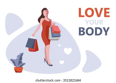 Love your body. Body positivity concept illustration. A beautiful girl with a burn on her face and body goes shopping and makes purchases in a red dress