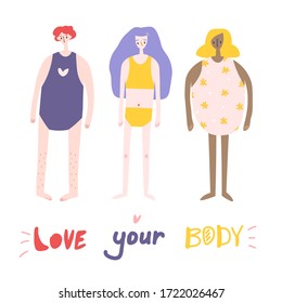 Love your body poster. Vector illustration in flat style. Womens in underwear. Love yourself concept. Body positive. Also for underwear advertisement.