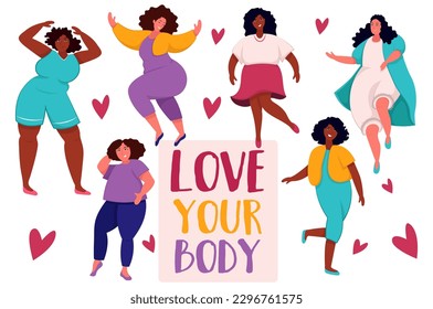 Love your body set. This is a flat, cartoon-style design set of stickers featuring positive messages to encourage body positivity and self-love. Vector illustration.