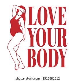 Love your body. Vector hand drawn illustration of fat woman in swimsuit isolated. Creative tattoo artwork. Template for card, poster. banner, print for t-shirt, pin, badge, patch.