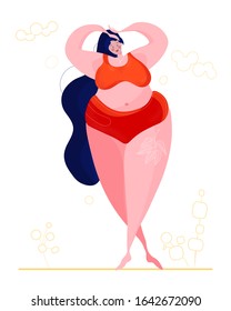 Love your body. Vector illustration of body positive movement and beauty diversity of different women in the flat style. Love yorself. Trendy plus size woman