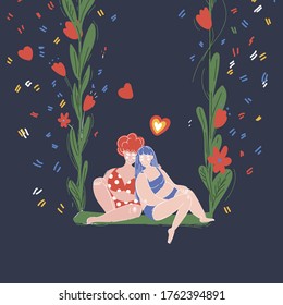 Love your body vector illustration with two different beautiful women on a swing decorated with flowers, dressed in underwear, bra and bikini. Body-positive, the concept of female power. Design of sel