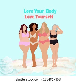 
Love your body, love yourself, body positive concept, four women in swimsuits with not perfect figure on the beach hugged, vector illustration.