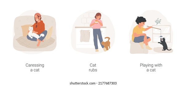 Love your cat isolated cartoon vector illustration set. Family member caressing fluffy pet, cat rubs, child playing with a toy mouse with kitten, domestic animal accessories vector cartoon.