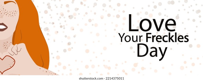 Love your freckles day horizontal background. Red haired women with heart shaped arms. Self positive concept. Web banner with dots on white. Flat style vector illustration 