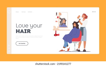 Love your Hair Landing Page Template. Young Woman Visiting Beauty Salon. Hairdresser Master doing Haircut for Girl Cutting Hair with Scissors front of the Mirror, Hair Treatment. Vector Illustration