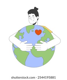 Love your home 2D illustration concept. Environmental care idea. Happy asian man hugging earth globe with heart cartoon character isolated on white. Metaphor abstract flat vector graphic