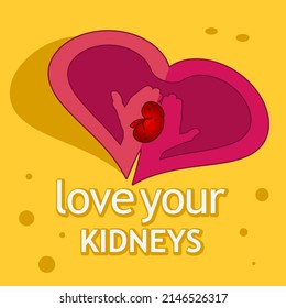 Love your kidneys vector background. Flat design. Vector Illustration on orange background.