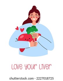 Love Your Liver Awareness Month. Young woman feeds the liver with broccoli. Healthy nutrition concept.