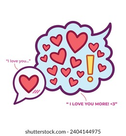 I love your more. Red hearts in cloud speech bubble colored vector illustration icon outlined isolated on white square background. Simple flat minimalist art styled cartoon drawing. Love expression.