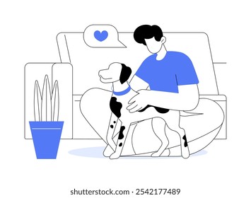 Ama a tu mascota Ilustraciones vectoriales de dibujos animados aislados. Hombre joven que abraza a su perro, amistad real, mascota adorable, estilo de vida de la gente, rutina casera, cachorro lindo, animales domésticos adoran la historieta del Vector.