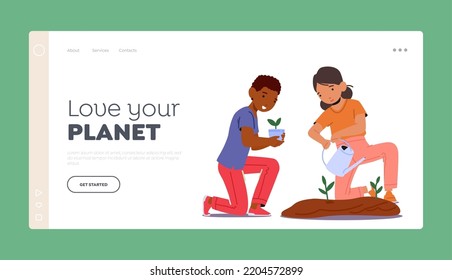 Liebe deine Planet Landing Page Vorlage. Kindergarten, Vorschule oder Kindergarten. Happy Kids Charaktere Jungen und Mädchen Pflanzung und Pflege der Pflanzen im Blumenbeet. Vektorgrafik von Cartoon People