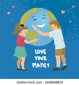 Love your planet. Young children embrace globe. Happy smiling planet. April 22 - Earth Day concept. Save environment. Isolated on white background. Vector cartoon illustration.