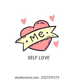 Love your self hand drawn doodle. Self care awareness sticker clip art vector icon illustration