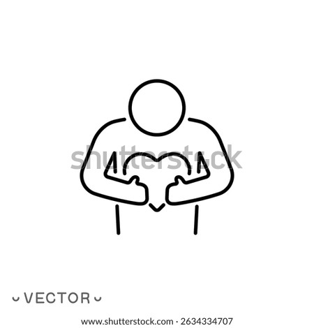 love your self icon, positive inspiration, yourself relationship, love your body and life, happy selfish person, self care concept, thin line symbol, editable stroke eps 10 vector illustration