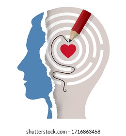 Love Your Self, male head, psychological concept. 
Illustration of male stylized head silhouette with solved  maze, heart and pencil. Vector available.