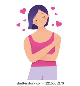 Love Your Self/body Concept Vector Illustration, Woman Hugging Her Self With Loves Sign