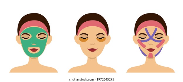 Love your skin vector set. Girls are doing cosmetic procedures. The set includes a face mask, eye patches and face tapes.