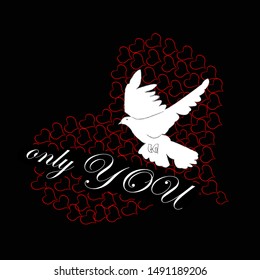 I love you.Romantic scene with big heart made from hearts with flying pigeon.Happy Valentine day.Only you.