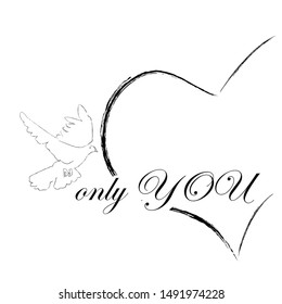 I love you.Romantic scene with big heart and flying pigeon.Only you.Happy Valentine day.