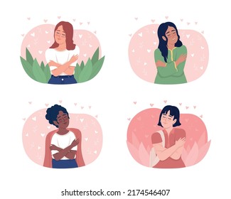 Love yourself 2D vector isolated illustrations set. Happy flat characters on cartoon background. Self acceptance colourful editable scenes for mobile, website, presentation collection