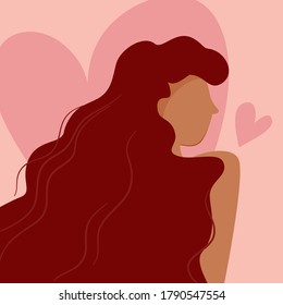 Love yourself. Abstract vector illustration with woman's face. Female portrait Self-care and body-positive concept with heart on the background. Inspirational print design and feminism poster
