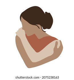 Love yourself. Abstract woman hugging herself, heart shape. Self care concept flat vector illustration.