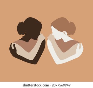 Love yourself. Abstract woman hugging herself, heart shape. Self care, equality and trust concept flat vector illustration.	