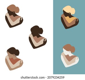  Love yourself. Abstract woman hugging herself, heart shape. Self care, equality and trust concept flat vector illustrations set