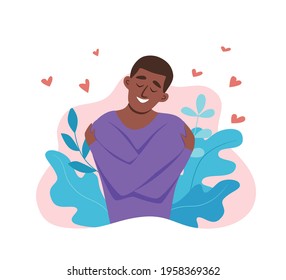 Love yourself  African American men hugging herself with enjoying emotions vector illustration.  Happy guy hugging herself self-confident. Self care body positive, healthcare, skincare concept