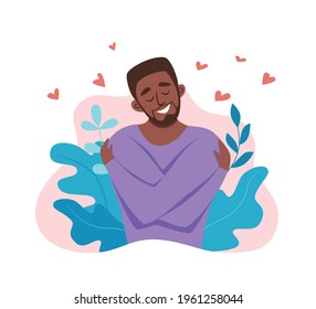 Love yourself  African American men hugging herself with enjoying emotions vector illustration.  Happy guy hugging herself self-confident. Self care body positive, healthcare, skincare concept