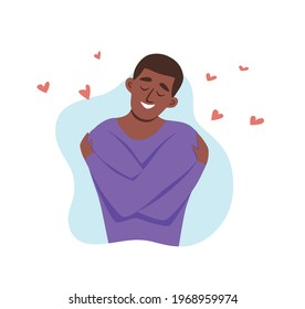 Love yourself  African American men hugging herself with enjoying emotions vector illustration.  Happy guy hugging herself self-confident. Self care body positive, healthcare, skincare concept