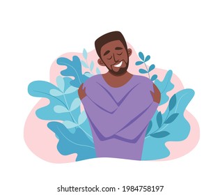 Love yourself  African American men hugging herself with enjoying emotions vector illustration.  Happy guy hugging herself self-confident. Self care body positive, healthcare, skincare concept