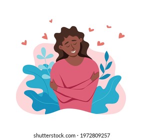 Love yourself  African American woman hugging herself with enjoying emotions vector illustration.  Happy girl hugging herself self-confident. Self care body positive, healthcare, skincare concept