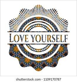 Love Yourself arabic badge background. Arabesque decoration.