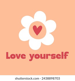 Love yourself banner. Trendy calligraphy quote with a cute daisy and heart on a peach background. Color of the year. Greeting card with Love yourself text. Design for poster, badge, sticker, pin label