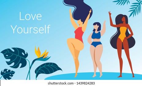 Love Yourself Banner, Women Characters in Bikini Dance with Hands Up on Nature Background with Plants. Different Size, Ethnicity and Race Girls Body Positive Movement, Cartoon Flat Vector Illustration