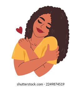 Love yourself. Black curly hair woman hugging herself with heart. Love your body concept. Vector illustration.