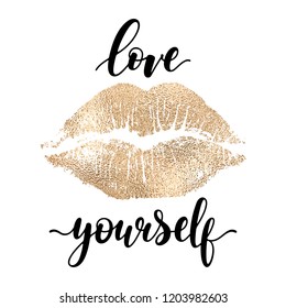 Love yourself - black hand written lettering with golden lip imprint isolated on white backgroun. Modern vector design, decorative inscription, motivational poster.