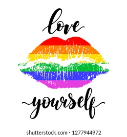 Love yourself - black handwritten lettering with lip imprint in colors of  LGBT rainbow flag isolated on white background. Modern vector design, decorative inscription, motivational poster.